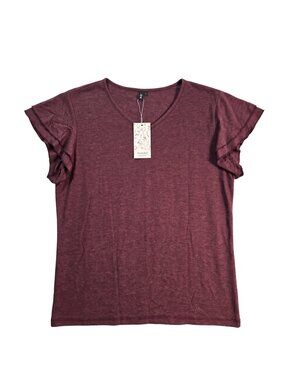 NWT | Automet Wine Red V-Neck Top | Tiered Ruffle Sleeves | Size Large